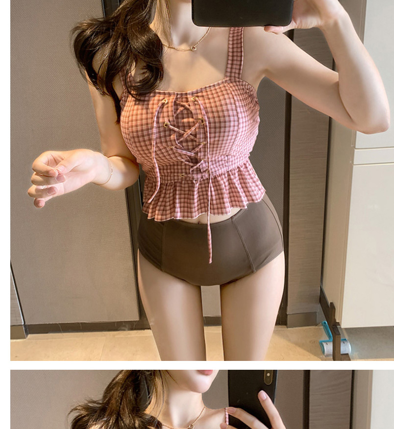 Fashion Red Black-eyed Off-shoulder And Fungus Side Check Color Contrast Split Swimsuit,Swimwear Sets