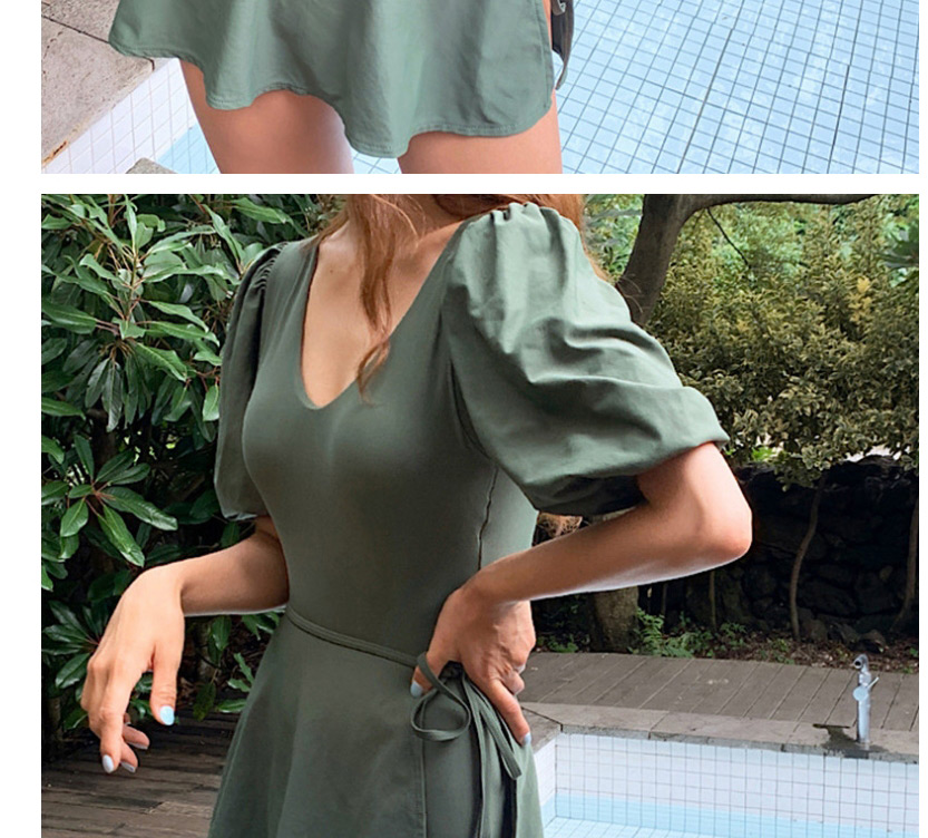 Fashion Green Puff Sleeve Strap Solid Color One-piece Swimsuit,One Pieces