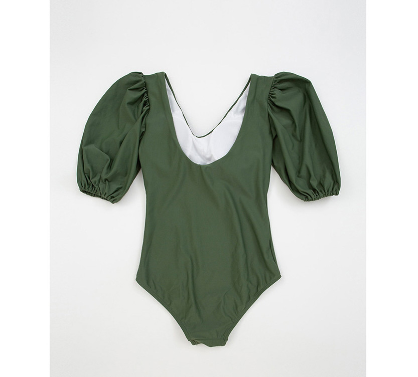 Fashion Green Puff Sleeve Strap Solid Color One-piece Swimsuit,One Pieces