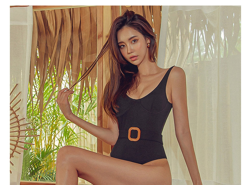Fashion Black Solid Color One-piece Swimsuit With Belt,One Pieces