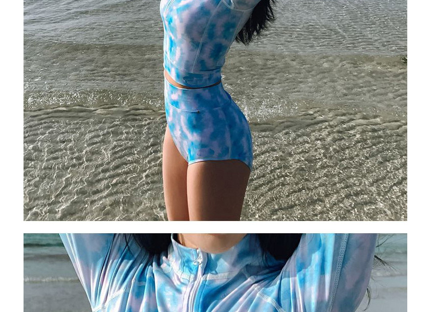 Fashion Blue High Waist Long Sleeve Tie-dye Split Swimsuit,Swimwear Sets
