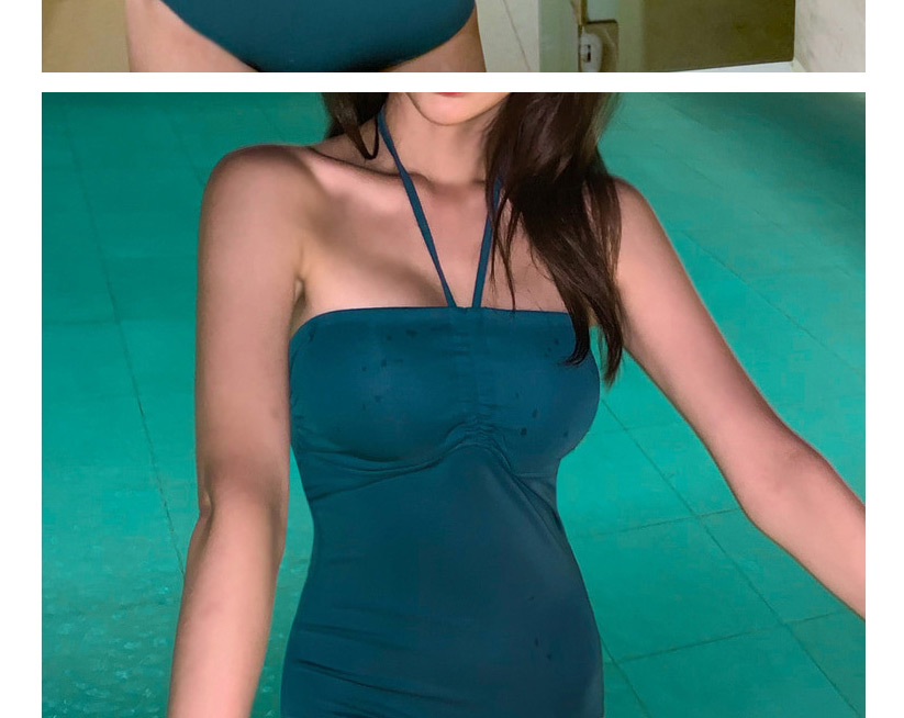 Fashion Dark Green Halter Sling Pleated Solid Color One-piece Swimsuit,One Pieces