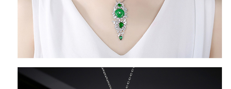 Fashion Platinum Geometric Long Necklace With Green Chalcedony And Copper Inlaid Zircon,Necklaces