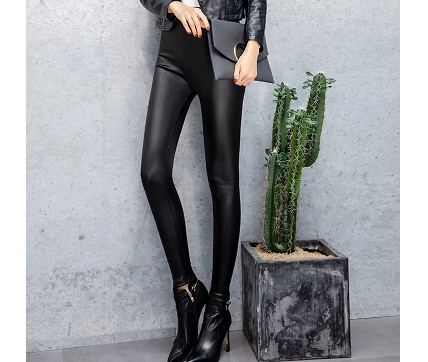 Fashion Black Velvet Faux Leather Skinny And Velvet Thick Cropped Pants,Pants