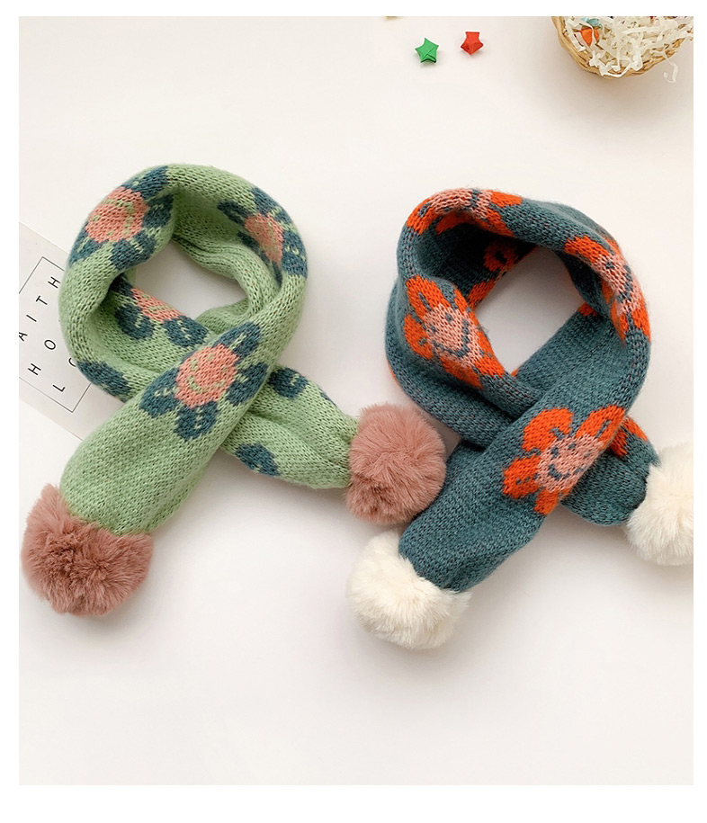 Fashion [light Green] 6 Months-10 Years Old Childrens Scarf With Flower Print Hair Ball Thickening,knitting Wool Scaves