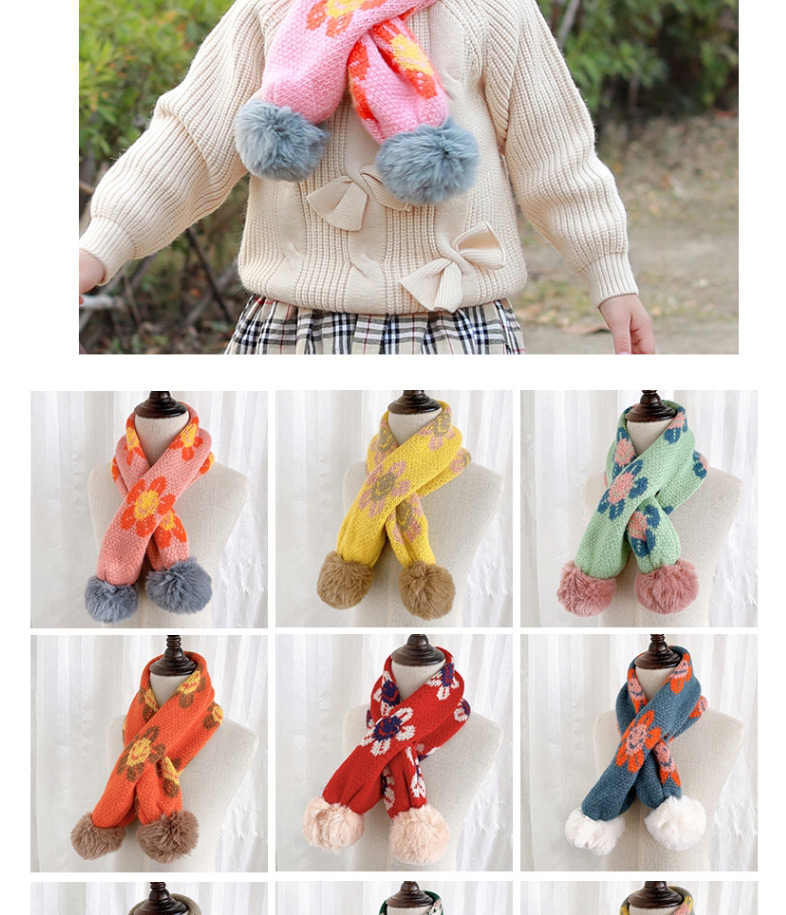Fashion [green] 6 Months-10 Years Old Childrens Scarf With Flower Print Hair Ball Thickening,knitting Wool Scaves