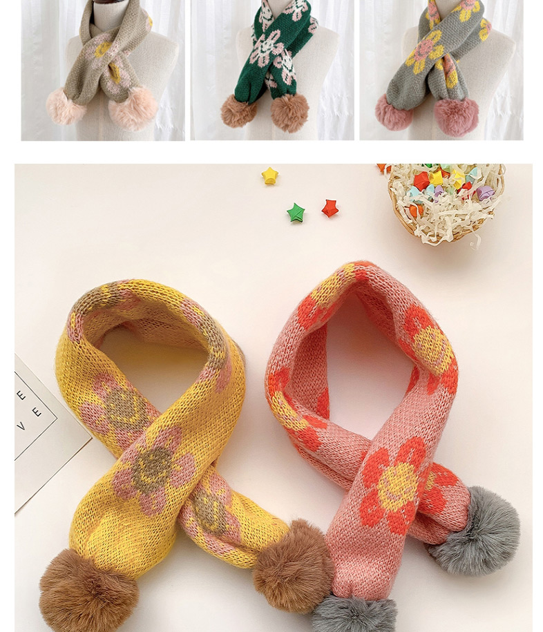 Fashion [yellow] 6 Months-10 Years Old Childrens Scarf With Flower Print Hair Ball Thickening,knitting Wool Scaves
