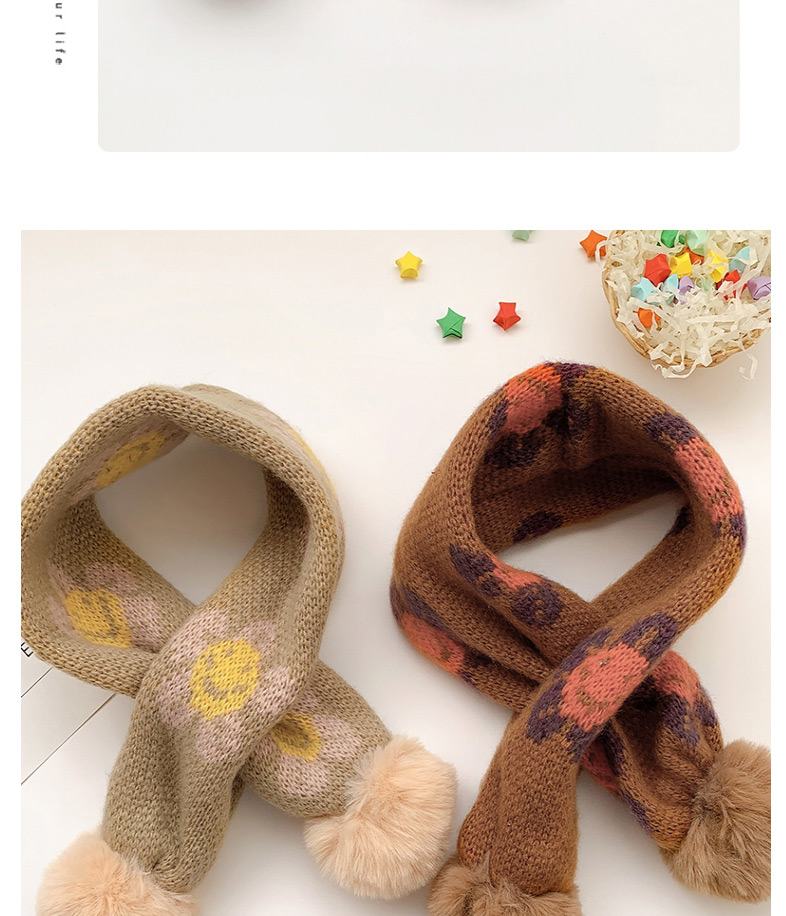 Fashion [khaki] 6 Months-10 Years Old Childrens Scarf With Flower Print Hair Ball Thickening,knitting Wool Scaves