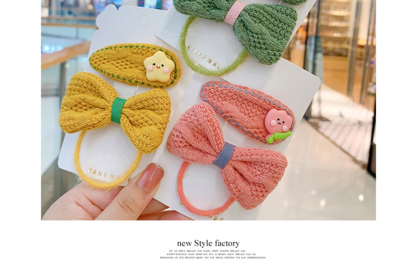 Fashion Green Bow Hair Rope + Frog Hairpin Woolen Pearl Bowknot Geometric Childrens Hair Rope Hairpin,Kids Accessories