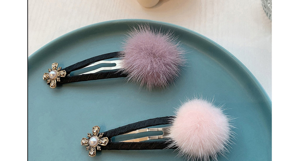 Fashion Pink Plush Pearl Flower Geometric Alloy Hairpin,Hairpins