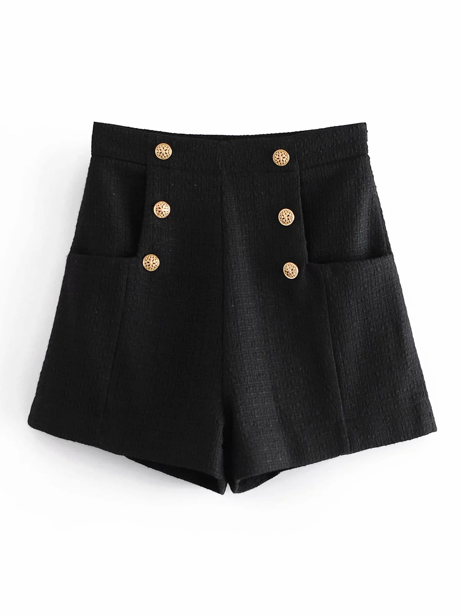 Fashion Black Double Breasted High Waist Solid Color Shorts,Shorts