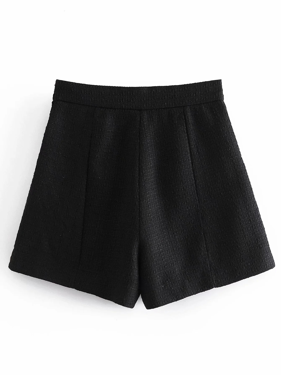 Fashion Black Double Breasted High Waist Solid Color Shorts,Shorts