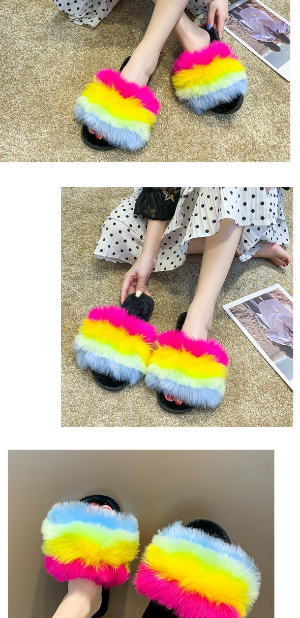 Fashion Blue Color Flat Heel One Word Contrast Plush Slippers,Slippers