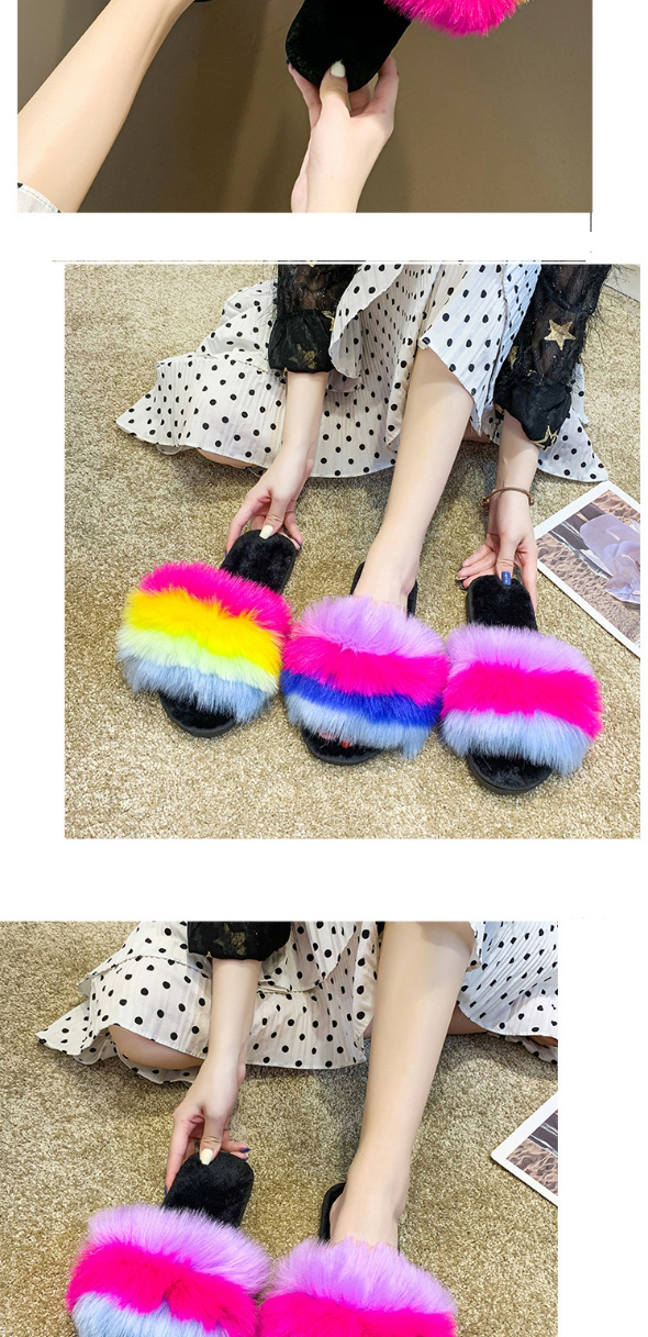 Fashion Blue Color Flat Heel One Word Contrast Plush Slippers,Slippers