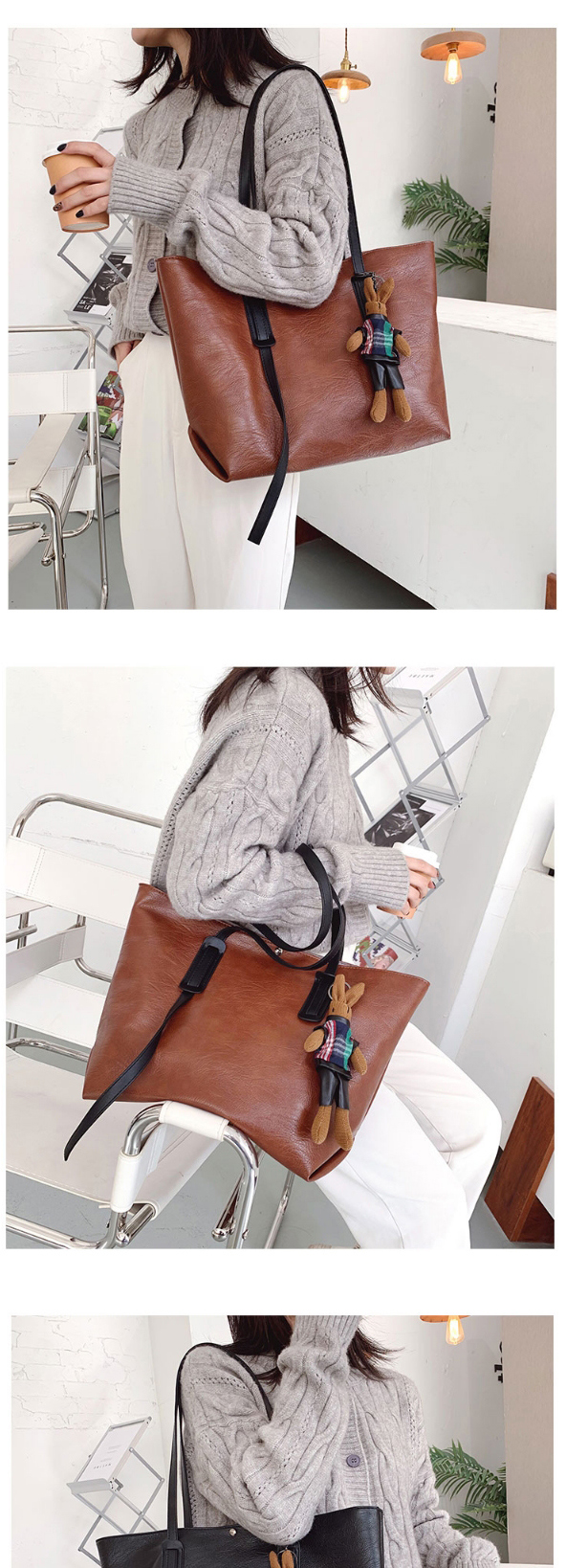 Fashion Off-white With Pendant Solid Color Stitching Large Capacity Shoulder Bag,Messenger bags