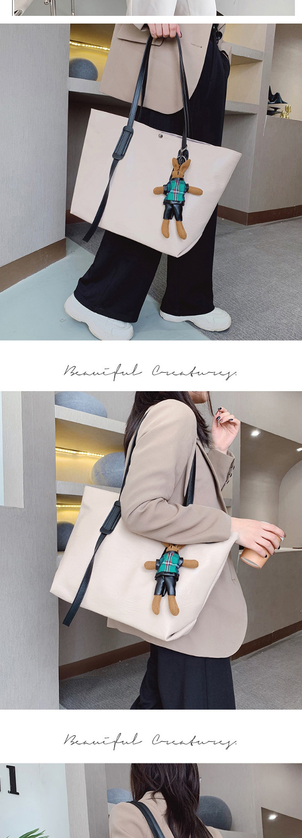 Fashion Off-white With Pendant Solid Color Stitching Large Capacity Shoulder Bag,Messenger bags