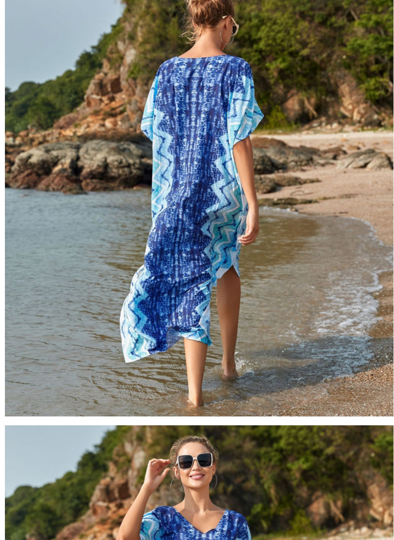 Fashion Printing Printed V-neck Slit Long Skirt Blouse,Sunscreen Shirts
