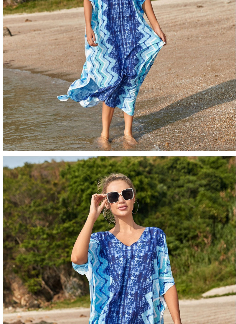 Fashion Printing Printed V-neck Slit Long Skirt Blouse,Sunscreen Shirts