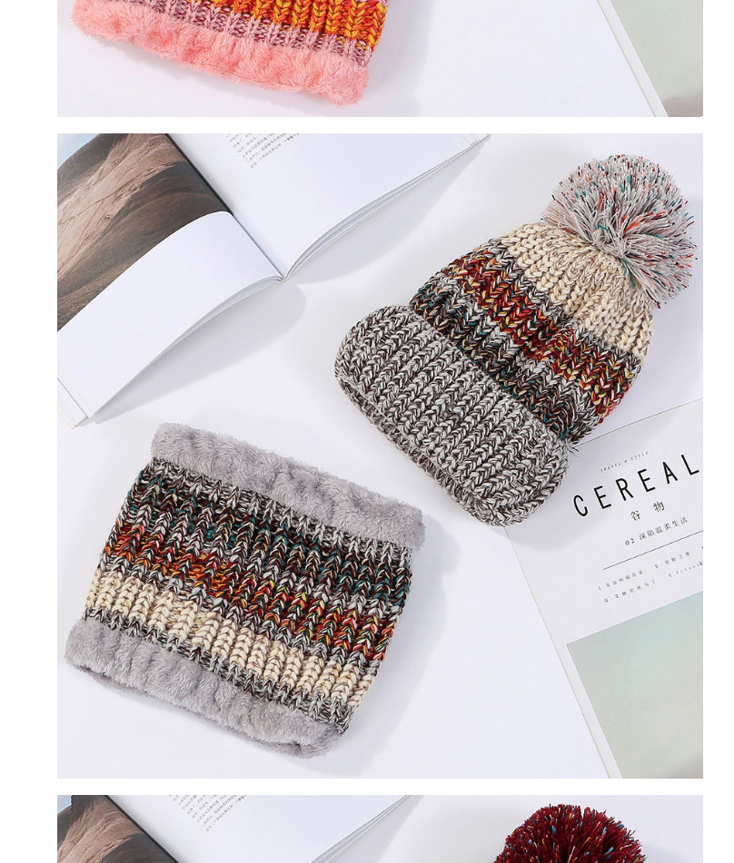 Fashion Beige Contrasting Color Wool Ball Plus Velvet Thick Knitted Bib Wool Hat,Knitting Wool Hats