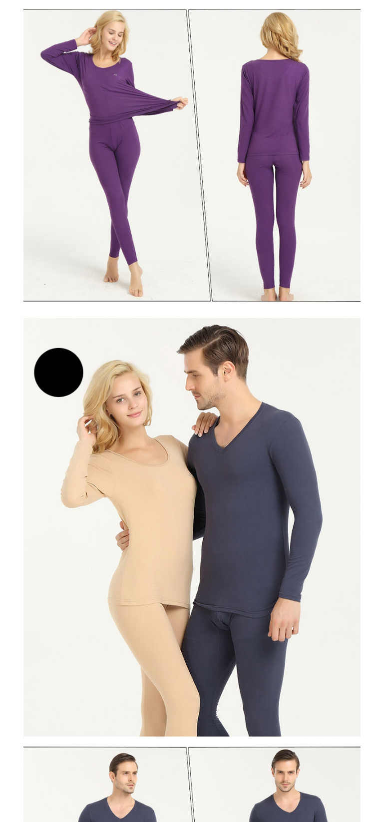 Fashion Purple Female Thin V-neck Round Neck Slim Couple Thermal Underwear Set,SLEEPWEAR & UNDERWEAR