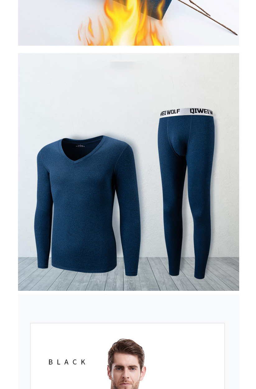 Fashion Lake Blue V-neck Slim Cationic Mens Seamless Thermal Underwear Set,SLEEPWEAR & UNDERWEAR
