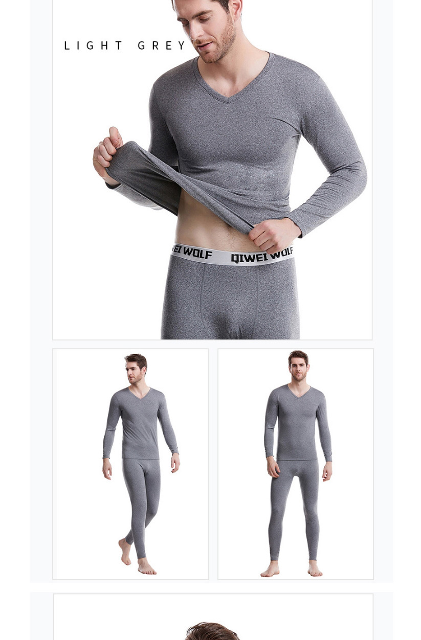 Fashion Dark Gray V-neck Slim Cationic Mens Seamless Thermal Underwear Set,SLEEPWEAR & UNDERWEAR