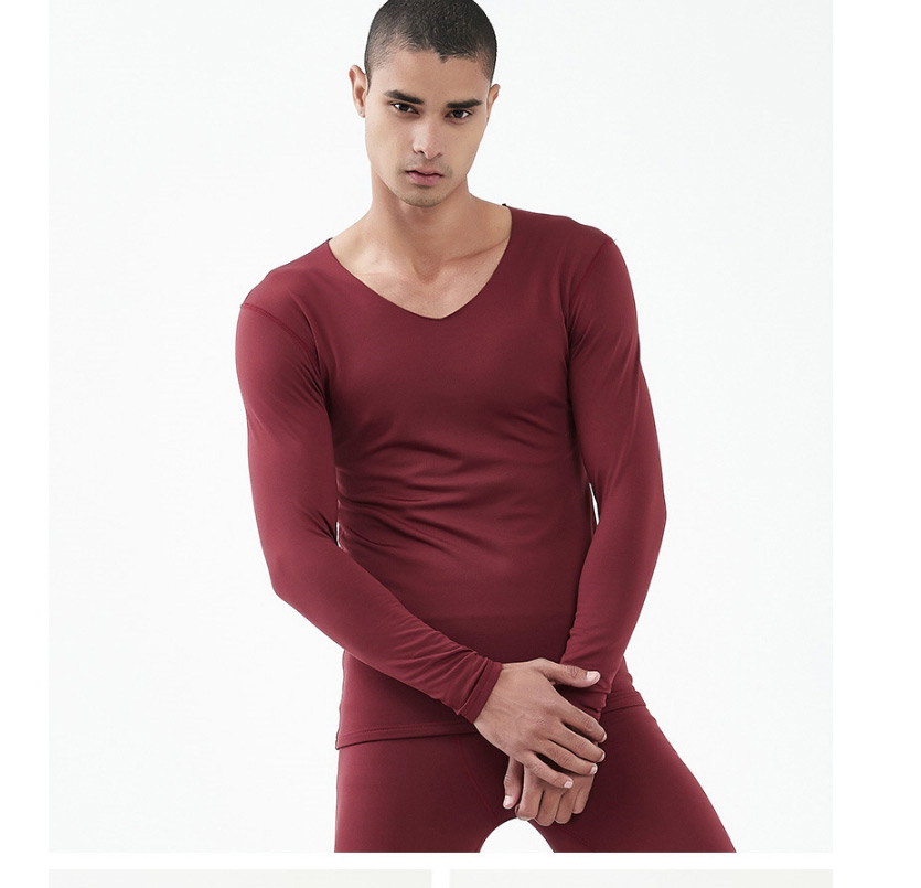 Fashion Wine Red V-neck Thin Fleece Mens Seamless Thermal Underwear Suit,SLEEPWEAR & UNDERWEAR