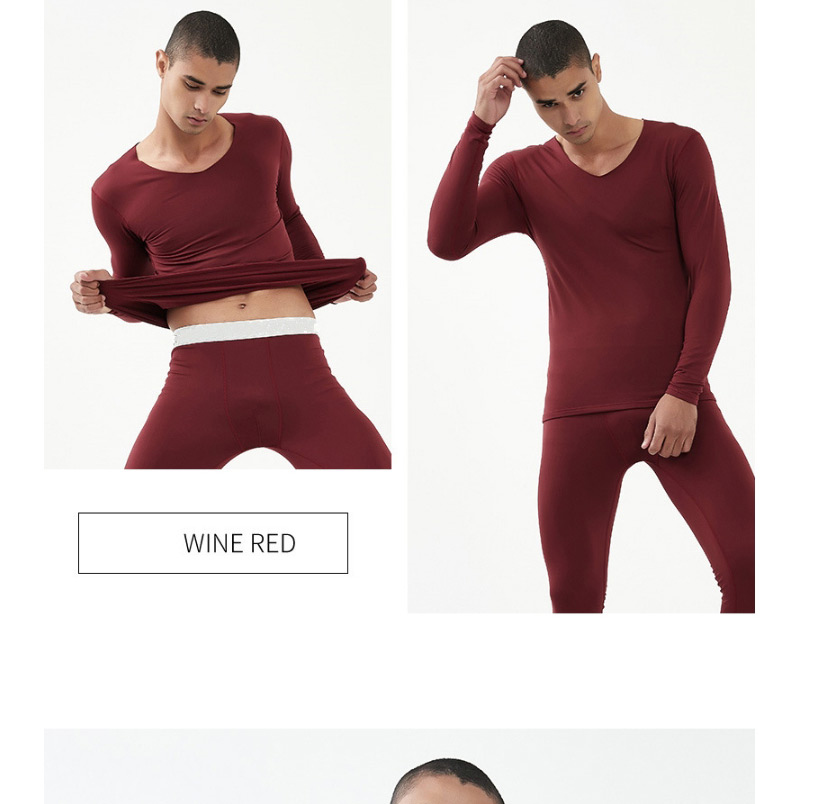 Fashion Wine Red V-neck Thin Fleece Mens Seamless Thermal Underwear Suit,SLEEPWEAR & UNDERWEAR