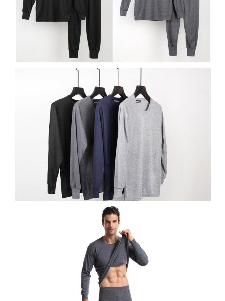 Fashion Dark Gray Round Neck Thin Slim-fit Mens Thermal Underwear Set,SLEEPWEAR & UNDERWEAR