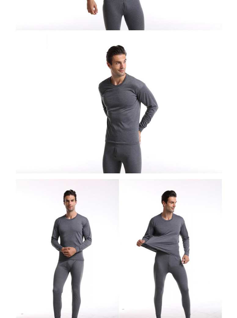Fashion Light Gray Round Neck Thin Slim-fit Mens Thermal Underwear Set,SLEEPWEAR & UNDERWEAR