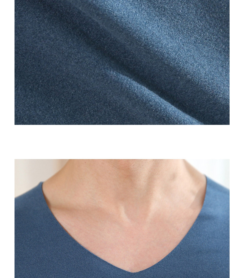 Fashion Azure Blue V-neck Plus Velvet Thin Mens Seamless Thermal Underwear Suit,SLEEPWEAR & UNDERWEAR