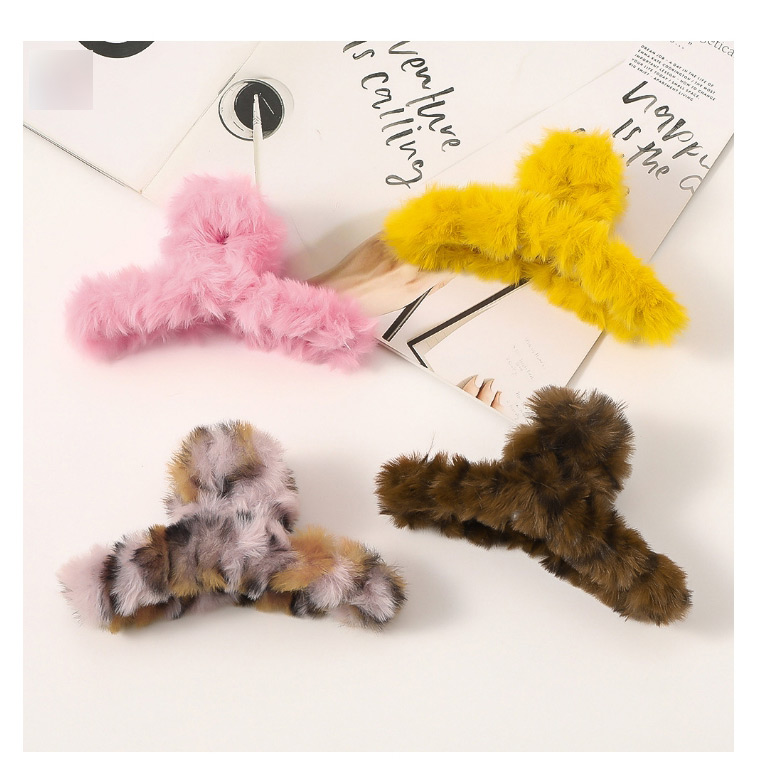 Fashion Khaki Imitated Rabbit Fur Cross Leopard Print Resin Hollow Grip,Hair Claws