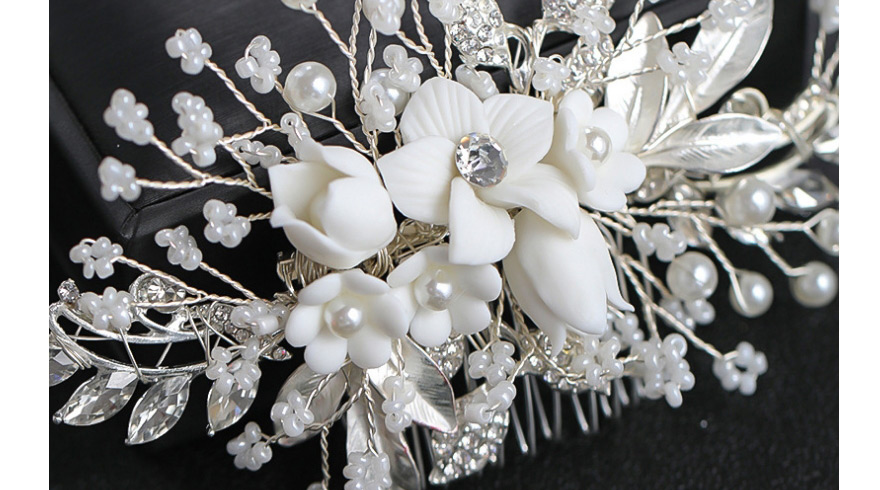 Fashion White Flower Handmade Diamond Pearl Resin Insert Comb,Bridal Headwear