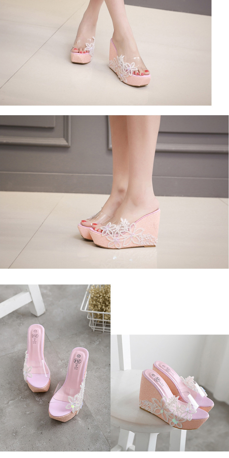 Fashion Silver Color Wedge Lace Flower High Heel Open-toe Sandals And Slippers,Slippers