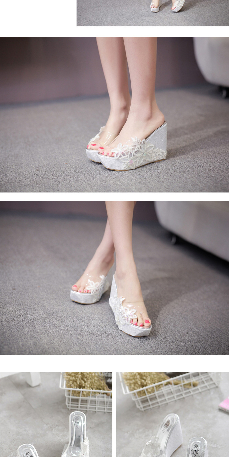 Fashion Silver Color Wedge Lace Flower High Heel Open-toe Sandals And Slippers,Slippers