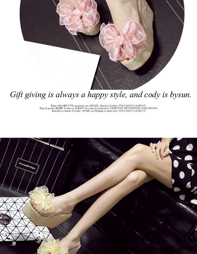 Fashion Pink Large Bow Transparent Wedge Heel Platform High Heel Open-toed Sandals And Slippers,Slippers