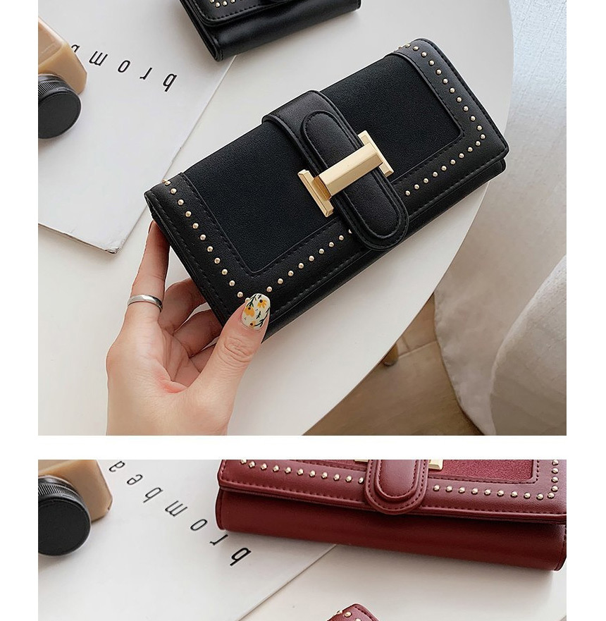 Fashion Short Red Studded Metal Buckle Flap Long Wallet,Wallet