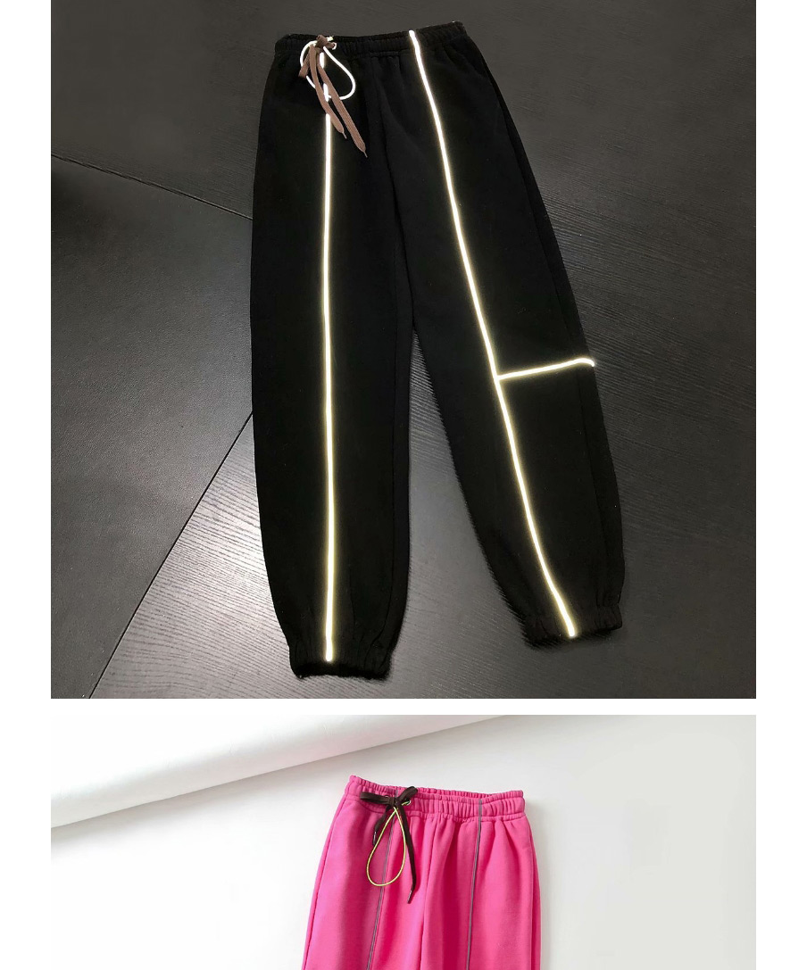 Fashion Rose Red Reflective Strip Stitching Contrast Color Drawstring Elastic Waist Bungee Pants,Pants