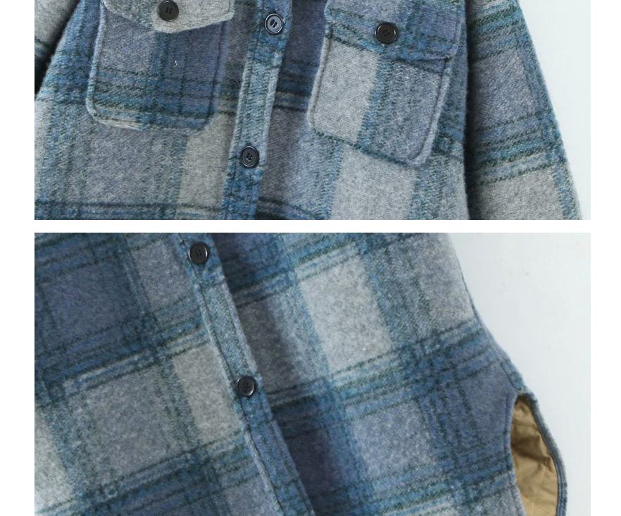 Fashion Blue Woolen Woolen Plaid Coat Puffer Jacket,Coat-Jacket