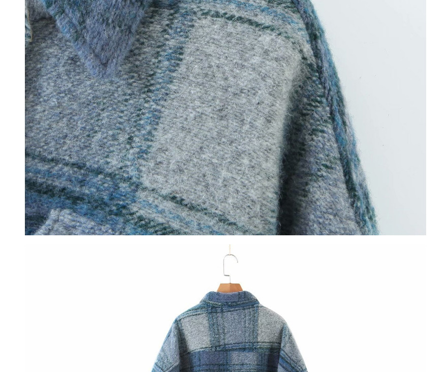 Fashion Blue Woolen Woolen Plaid Coat Puffer Jacket,Coat-Jacket