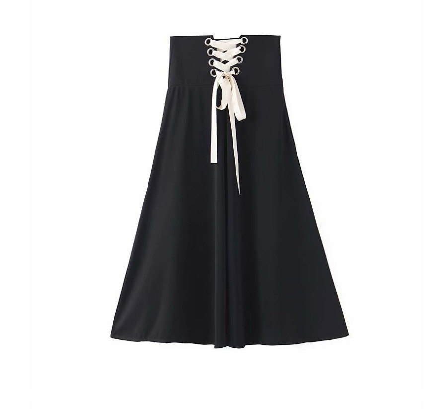 Fashion Black Solid Color Waist Skirt With Eyelet Straps,Skirts