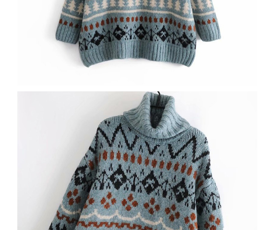 Fashion Blue Jacquard Loose Turtleneck Pullover Sweater,Sweater