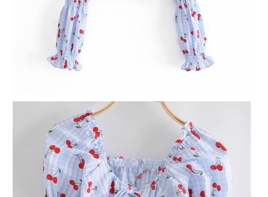 Fashion Printing Cherry Print Plaid Short Slim Fit Shirt Top,Blouses