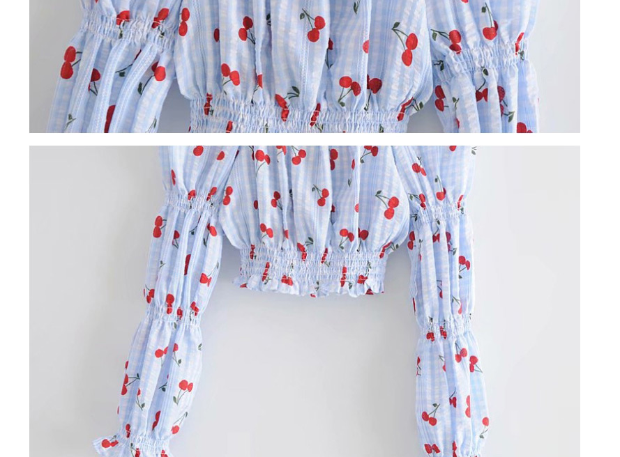 Fashion Printing Cherry Print Plaid Short Slim Fit Shirt Top,Blouses
