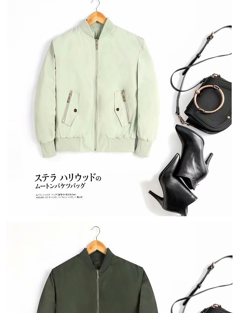 Fashion Light Green Pure Color Zipper Short Jacket Cotton Baseball Uniform,Coat-Jacket