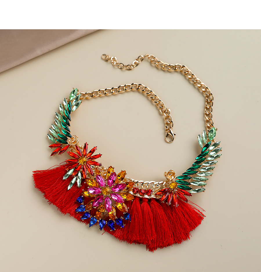 Fashion Red Alloy Diamond Drop Flower Tassel Necklace,Chokers