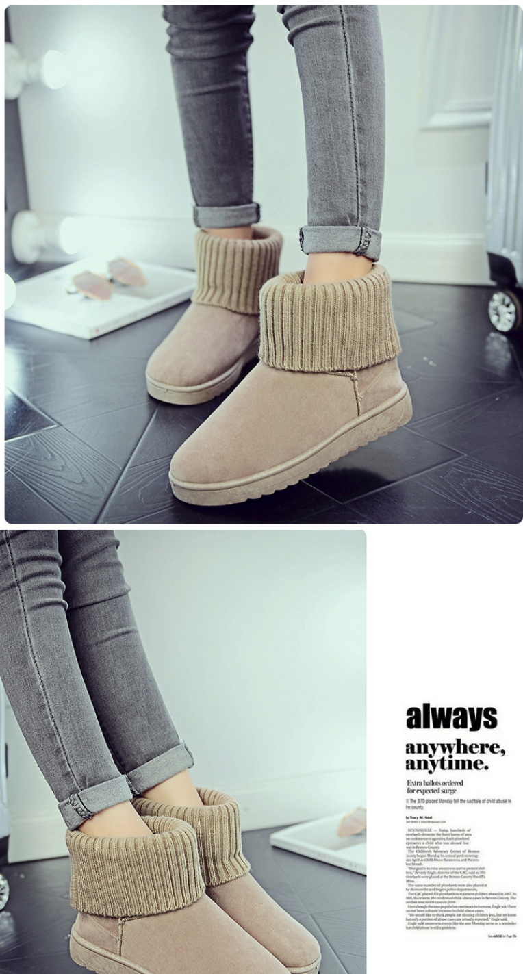 Fashion Khaki Fleece Flat-bottomed Wool Knitted Round-toe Snow Boots,Slippers
