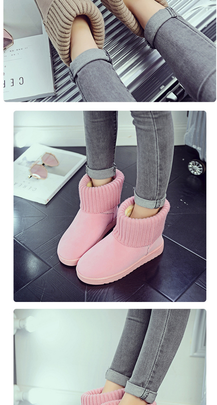 Fashion Pink Fleece Flat-bottomed Wool Knitted Round-toe Snow Boots,Slippers