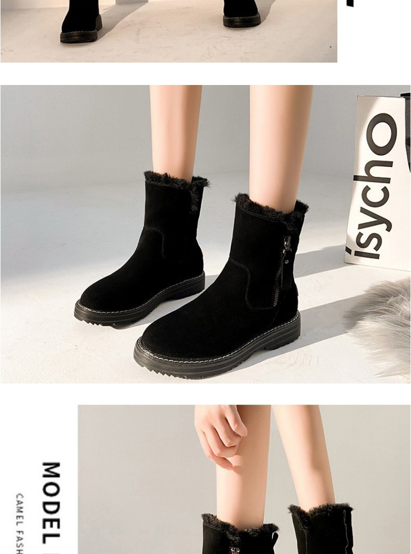 Fashion Black Plush Padded Flat Mid-heel Side Zipper Snow Boots,Slippers