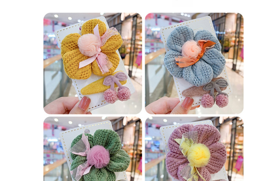 Fashion Green Flower Series [2 Piece Set] Flower Cherry Wool Knitted Childrens Hair Rope Hairpin,Kids Accessories
